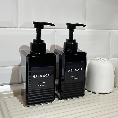 Black Soap Dispenser with Waterproof Labels, Thickened Plastic Hand Soap Dispenser for Bathroom, Kitchen Dish Washing Liquid Bottles, Shampoo and Conditioner Bottles with Funnel (15oz 2Pack Black) - color: 15oz 2 Pack Black