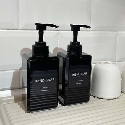 Black Soap Dispenser with Waterproof Labels, Thickened Plastic Hand Soap Dispenser for Bathroom, Kitchen Dish Washing Liquid Bottles, Shampoo and Conditioner Bottles with Funnel (15oz 2Pack Black) - color: 15oz 2 Pack Black