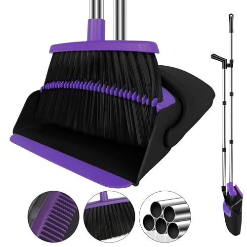 Broom with Dustpan Combo Set, 51" Household Dustpans and Broom, Standing Dust Pan Set for Home, Purple Cleaning Set for Kitchen Lobby Indoor Outdoor - color: Purple, size: Normal