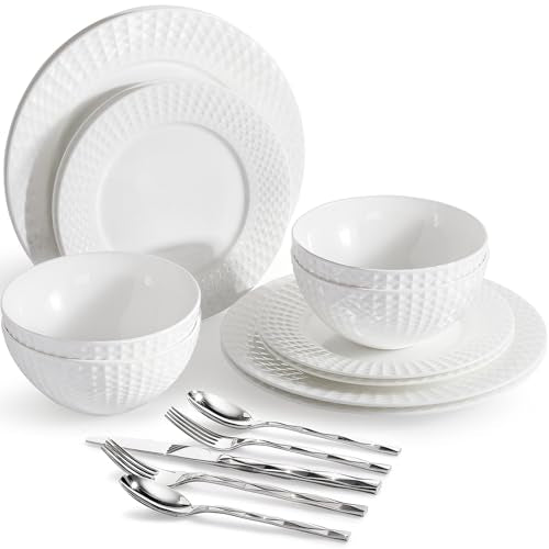 KINGSTONE 32Pc Bone China Dinnerware & Silverware Set, for 4 - color: White-Rhombus, size: service for 4-32pcs