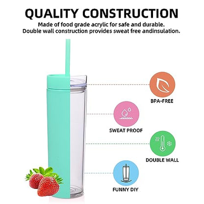 Volhoply 16oz Plastic Skinny Tumbler With Lid and Straw Bulk 4 Pack,Insulated Double Wall BPA Free Matte Acrylic Tumblers,Iced Coffee Travel Mug Reusable Party Cup,Customizable Diy Gifts(Green,4 Set) - color: Green