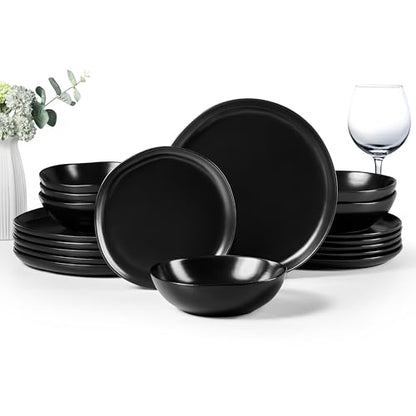 HaWare Plates and Bowls Set, Stoneware Dinnerware Sets, 18-Piece - color: Matte Black, size: 18 Pieces- Service for 6