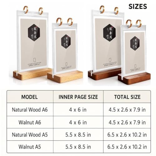 1Pcs Flip Menu Holder, with 6 Pages Sleeve, Removable Pages, 4" X 6" Table Sign Display Stand, with Wooden Base, Rotating Poster Binders Rack, for Photo, Restaurant, Job Fair - size: Beechwood Color-4x6"-1pcs