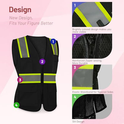 Construction Vest for Women, High Vis Reflective Vest, Black, XS - color: 1pc Black, size: X-Small