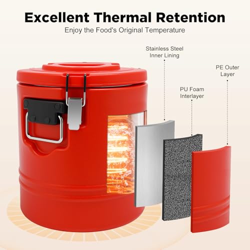 15L/3.96 Gal Insulated Soup Carrier, Stainless Steel Insulated Soup Container Bucket Hot & Cold Thermal Bucket with Lid Commercial Food Warmer for Parties Picnics Cafes Restaurants - color: Red, size: 15L/3.96 Gal