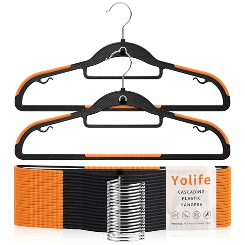 Yolife Cascading Plastic Clothes Hangers 10 Pack with Inner Hook for Vertical Storage, Slim Space Saving Hangers with Non-Slip Pads, 360° Swivel Metal Hook, Versatile, Black & Orange - color: Black & Orange