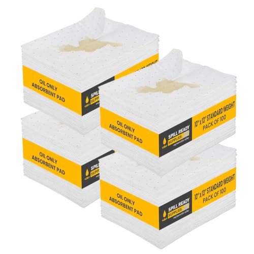(4 Boxes x 100 Pads) Oil Only Absorbent Pads 10" x 13" - Standard Weight Absorbs Up to 16 oz per pad - 2mm Oil Absorbent Pads - Hydrophobic Oil Spill Mat - White Sorbent Pads - color: 10" x 13" -100 Pads - Standard, size: 4
