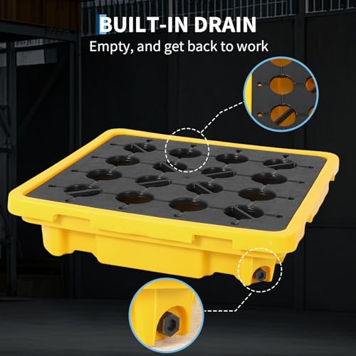 IDEALHOUSE 2 Pack 1-Drum Spill Containment Pallet with Drain, 27x27x8 in - size: 1-Drum x 2