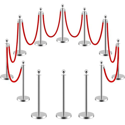 LOVMOR Crowd Control Stanchion, 12Pcs Silver Stanchion Posts Queue with 8pcs 5 ft/1.5 m Red Velvet Rope, Rope Barriers Crowd Control Barriers Queue Line for Hotel Theater Party Supplies - color: Silver-12pack