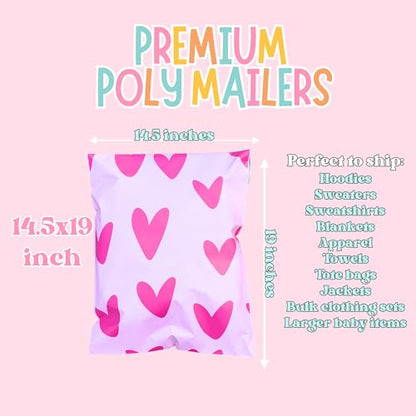 14.5x19 Designer Poly Mailer 100 Pack Heavy Duty Polymailers Waterproof Self Seal Shipping Bags Packaging for Small Business Large Mailing Envelopes Bulk Tear Resistant Packaging Pink Hearts - color: Pink Hearts, size: 14.5x19