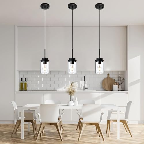 MELUCEE 3 Pack Hanging Pendant Lighting Fixtures Black with Clear Glass - color: Black, size: 1 Light-3 Packs Round