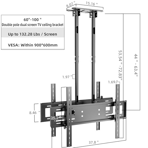 Ceiling TV Mount, 2 Screen Adjustable Hanging Double Suspension Bracket Fits Most 60-100 inch LCD LED OLED 4K TVs,Pole Ceiling Mount Supports up to 132lbs/Screen, Max VESA 900x600mm, T580-2