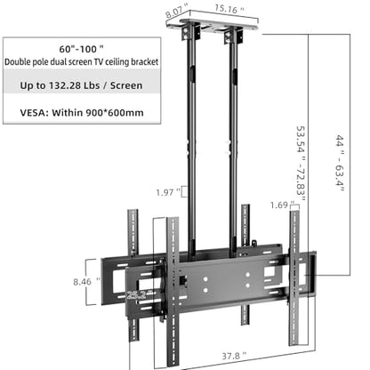 Ceiling TV Mount, 2 Screen Adjustable Hanging Double Suspension Bracket Fits Most 60-100 inch LCD LED OLED 4K TVs,Pole Ceiling Mount Supports up to 132lbs/Screen, Max VESA 900x600mm, T580-2