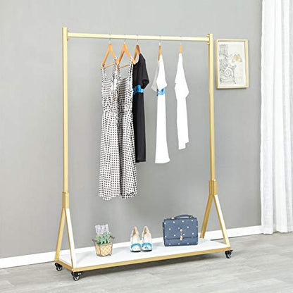 Clothing Store Modern Simple Metal Rolling Garment Rack with Wheels,Retail Display Rack with Wood, Single Rod Floor-Standing Hangers Dress Clothes Shelves (Gold Square Tube, 47.2 L)