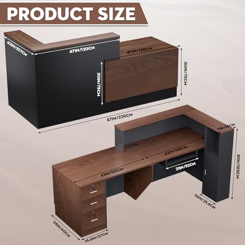L-Shaped Large Wooden Reception Desk, Modern Front Desk Reception Counter with Lockable Drawers & Storage & Keyboard Tray, for Checkout, Lobby (Right-Walnut/Gray, 87''L x 42''W x 41''H) - color: Walnut+gray, size: Right-87''L x 42''W x 41''H