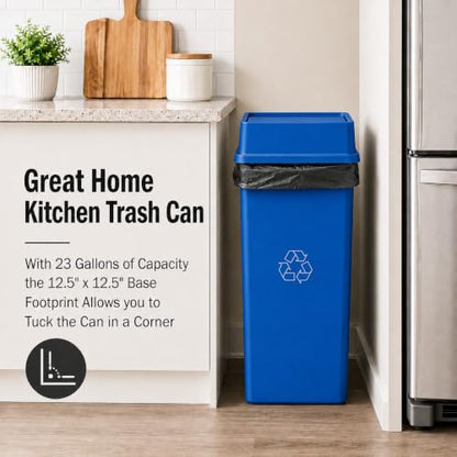 23 Gallon Blue Square Plastic Kitchen Recycling Bin with Drop Lid - color: Blue