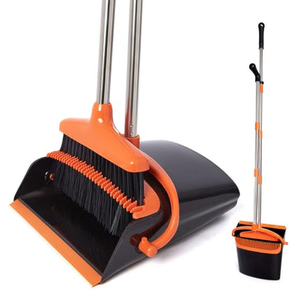 Broom and Dustpan Set,54.72" Long Handle,Standing Dustpan,1-Pack - color: Orange