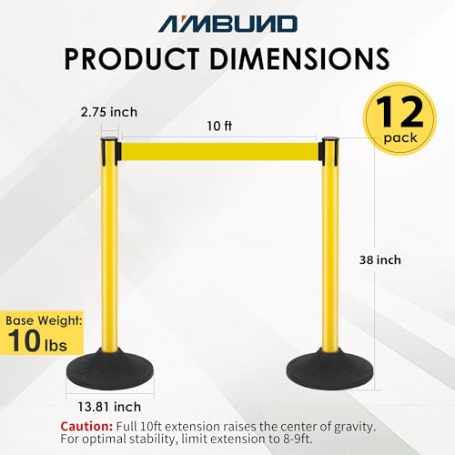 12 Pack Stanchions with Retractable Belts - Heavy Duty Crowd Control Barriers with Weighted Rubber Base, Retractable Belt Stanchions for Queue Line, Events, Public Safety(Yellow，12 Pack） - color: Yellow - 12 Pack, style: Round Base