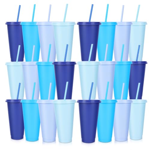 24 Pack Plastic Tumblers with Lids and Straws, Reusable Cups with Lids Plastic Colorful Cups for Parties Birthdays, Iced Coffee Cup Cold Drink Cups Bulk Tumblers (24 oz, Gradient Blue Colors) - color: Gradient Blue Colors