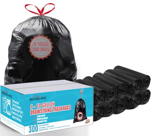 BEIDOU-PAC 8-10 Gallon Trash Bags Drawstring, 300 Count Bulk, Black & Unscented Multi-purpose Garbage Bags for Business Home Bathroom Kitchen Commercial and Industrial - style: 8-10 Gallon |300 Count