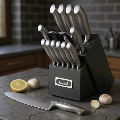 KUISINE Upgraded Premium Chef Knife Set,High Carbon Stainless Steel Razor-sharp Blade Ergonomic Non-slip Steel Handle,Block Knife Set with Built-in Sharpener(Black Silver,15PCS) - color: ET Black