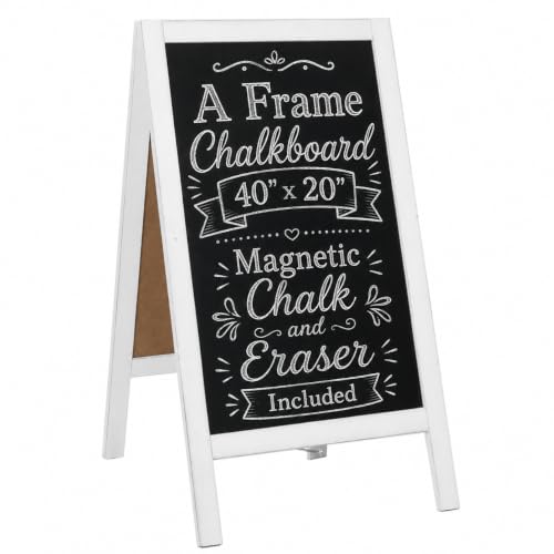 Ilyapa Wooden A-Frame Sign with Eraser & Chalk - 40 x 20 Inches Magnetic Sidewalk Chalkboard – White Menu Display for Restaurant, Business Or Wedding - color: White