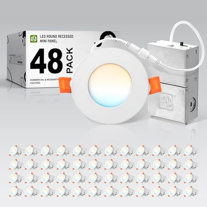 ASD 48 Pack 3 Inch LED Recessed Light 6W, 5 CCT 2700K-5000K CRI90+, IC Rated Ultra Thin Dimmable Ceiling Lights with J Box, Canless Wafer Downlight, Round Slim Panel Lighting, UL Energy Star, White - color: White, size: 3 Inch 48 Pack