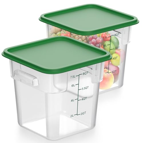 FoldTier 2 Pieces Square Food Storage Containers Polycarbonate Clear Food Container with Lid Commercial Food Storage with Graduations for Commercial Kitchen Dough Marinating Meat(Green, 8 Qt) - color: Green, size: 8 Qt