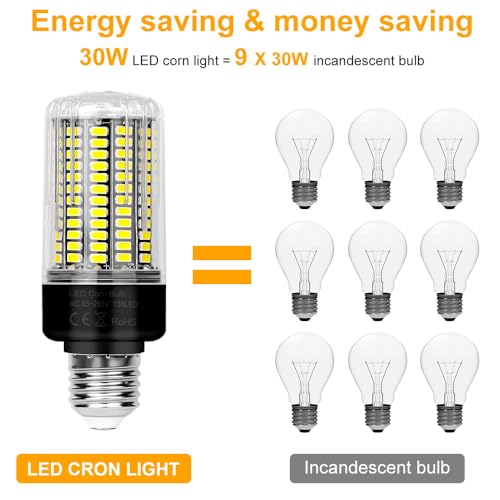6Pack Led Corn Light Bulb 300W Equivalent 3520 Lumen Super Bright 6000K Daylight Lamp 30W E26/E27 Base Ceiling Fan Bulbs AC85-265V for Kitchen Living Room Home Garage Warehouse Indoor Outdoor Lighting - size: Medium