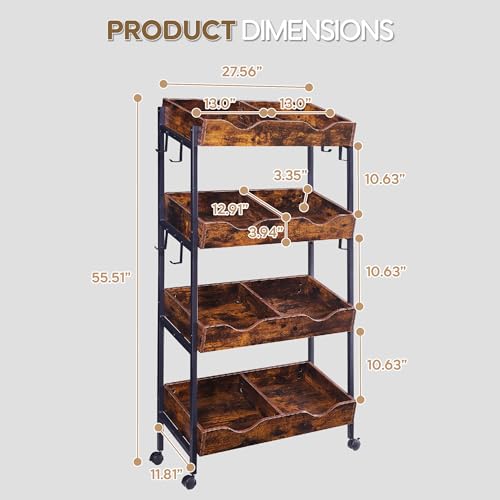 Snack Rack with Wheels,4-Tier Retail Display Shelves with 8 Metal Hooks,Tilted Design,Mobile Retail Display Stand with Metal Frame,Easy Assembly