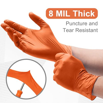 WECARE 8 Mil Nitrile Gloves - Heavy Duty Mechanic Gloves, with Diamond Grip - Powder and Latex Free Disposable Gloves - color: Orange, size: Small