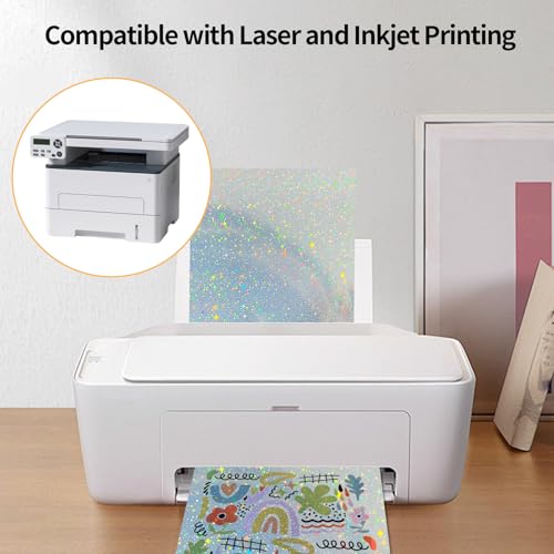 Printable Sticker Paper, 20 Sheets Printable Holographic Star Sticker Paper, Laser/Inkjet Printing- Holographic, Letter Size (8.5" x 11") - color: Holographic Star, size: 8.5" x 11"