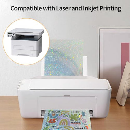 Printable Sticker Paper, 20 Sheets Printable Holographic Star Sticker Paper, Laser/Inkjet Printing- Holographic, Letter Size (8.5" x 11") - color: Holographic Star, size: 8.5" x 11"