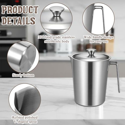 304 Stainless Steel Pitcher with Lid, 70 oz / 2L Measuring Cup