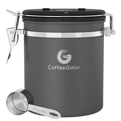 Coffee Gator Stainless Steel Canister - Medium 16oz, Gray Coffee Grounds and Beans Container with Date-Tracker, CO2-Release Valve, and Measuring Scoop - Ideal Coffee Lovers Gifts - color: Gray, size: 16oz