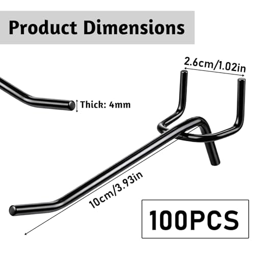 100 Pcs 4 Inch Peg Board Shelving Hooks, Black Pegboard Hooks, Heavy Duty Wall Display Hook Bulk for 1/8 and 1/4 Pegboard, for Garage Storage, Craft Organizing, Kitchen, Store