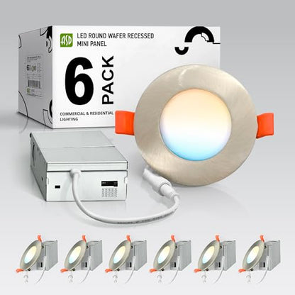 ASD 6 Pack 3 Inch LED Recessed Light 6W, 5 CCT 2700K-5000K CRI90+, IC Rated Ultra Thin Dimmable Ceiling Lights with J Box, Canless Wafer Downlight, Round Slim Panel Lighting, Energy Star ETL, Nickel - color: Nickel, size: 3 Inch 6 Pack