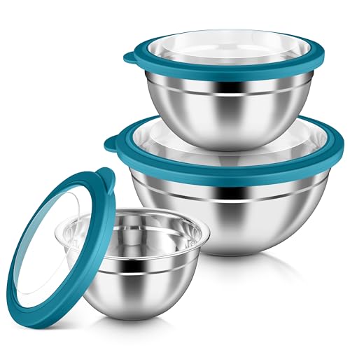 HaWare Mixing Bowls with Airtight Clear Lids, 6-Piece Stainless Steel Strong Nesting Bowls Set, Metal Salad Bowl for Cooking, Prepping, Baking, Serving & Food Storage, Size 4.6, 3, 1.5QT, Teal Blue - color: Teal Blue, size: Visible Airtight Lids