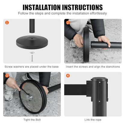 kaiyomi 2 Pack Stanchions with Retractable Barriers 11 Feet Belts (Black) - color: Black