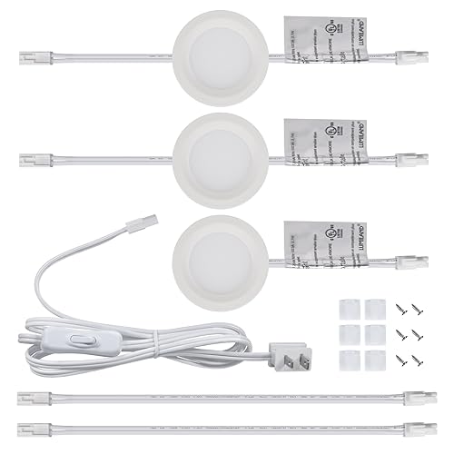 LUMILAND Wired LED Puck Lights 120V (2.7Wx3) Plug-in Lighting Warm White, LED Cabinet Light for Kitchen Can Be Surface Mount or Recess Mount, White - color: White, size: 3000K