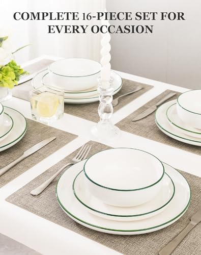 OTAGO 16-Piece Dinnerware Set for 4 with 4 Mugs, White with green rim Stoneware Plates and Bowls Sets, Ceramic Dish Set for Kitchen, Dinner & Dining, Green Rim, Microwave & Dishwasher Safe