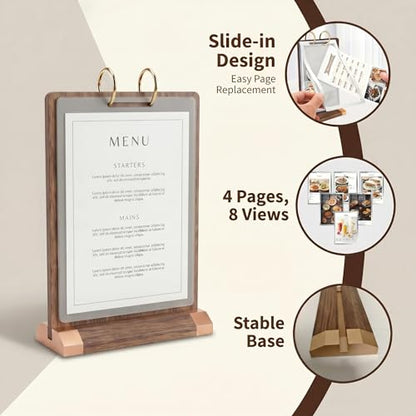 Flip Wooden Sign Holder 4 x 6 with Clear 4-Page PVC Sleeves, Vertical Tabletop Menu Display Stand for Restaurant, Office, Retail Store, Trade Show - size: 4x6, 1 Pack