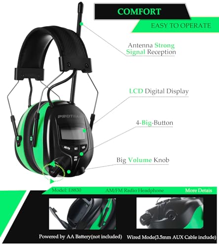 Digital AM/FM Radio Hearing Protection Earmuffs, 25 dB NRR - color: Am Fm Radio + Green