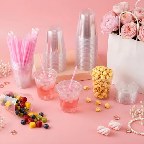 Ziliny 50 Pack 14 oz Plastic Cups with Lids Straws Iced Coffee, Pink - color: Pink, size: 14 oz