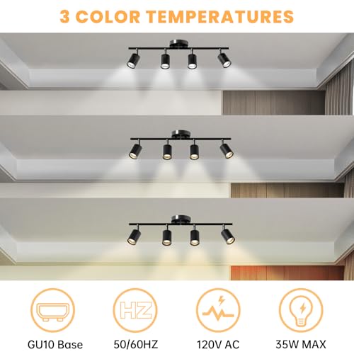 LED 4 Light Track Lighting Kit, 23.6" Black 4 Way Ceiling Spotlights Fixture, 3 CCT Adjustable, with Flexibly Rotatable Light Heads for Kitchen, Living Room, Bedroom, Includes 4 x GU10 Bulb - color: Black, size: 4