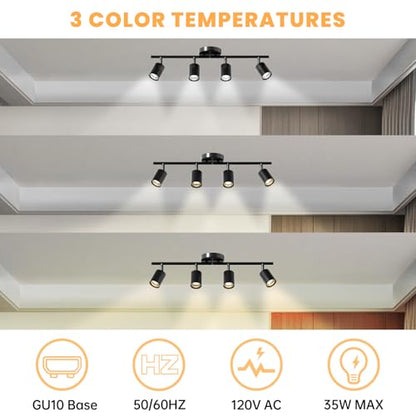 LED 4 Light Track Lighting Kit, 23.6" Black 4 Way Ceiling Spotlights Fixture, 3 CCT Adjustable, with Flexibly Rotatable Light Heads for Kitchen, Living Room, Bedroom, Includes 4 x GU10 Bulb - color: Black, size: 4