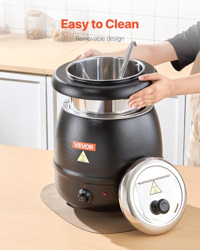 VEVOR Electric Soup Warmer, 10QT Commercial Soup Kettle with 304 Stainless Steel Detachable Insert Pot, 95~176°F Adjustable Temperature, Soup Station for Restaurant and Big Family, Black - size: 1-Pot