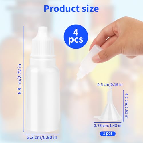 5 PCS (4 Bottles + 1 Funnel) 15ml (0.5oz) Small Empty Plastic Dropper Bottles, White Eye Liquid Dropper Bottles, Squeezable & Portable Travel Containers for Eye Drops, Refillable with Cap and Plug