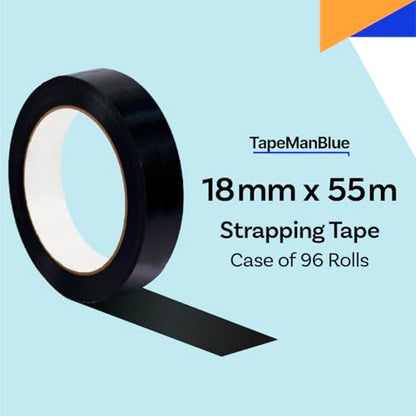 TapeManBlue Strapping Tape, Black Tensilized Polypropylene Strapping Tape for Banding, Bundling, Packaging and Palletizing, Made in USA (18 mm x 55m (96 Rolls)) - size: 18 mm x 55m (96 Rolls)