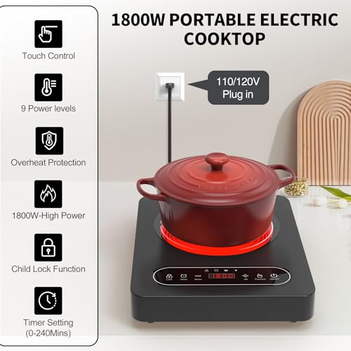 GIHETKUT Single Burner Electric Cooktop,110V 1800W Electric Stove Top with LED Touch Control,10 Power Levels, 4 hTimer, Safety Lock,single electric burner Overheat protection - size: single stove top